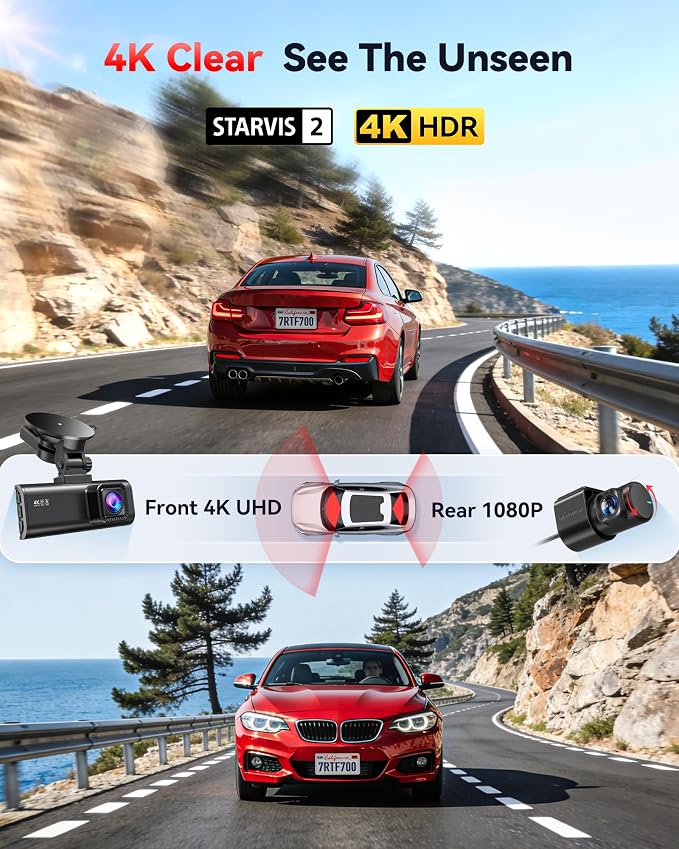 REDTIGER Dash Cam 4K Front and 1080P Rear, STARVIS 2 Sensor, 5.8GHz WiFi
