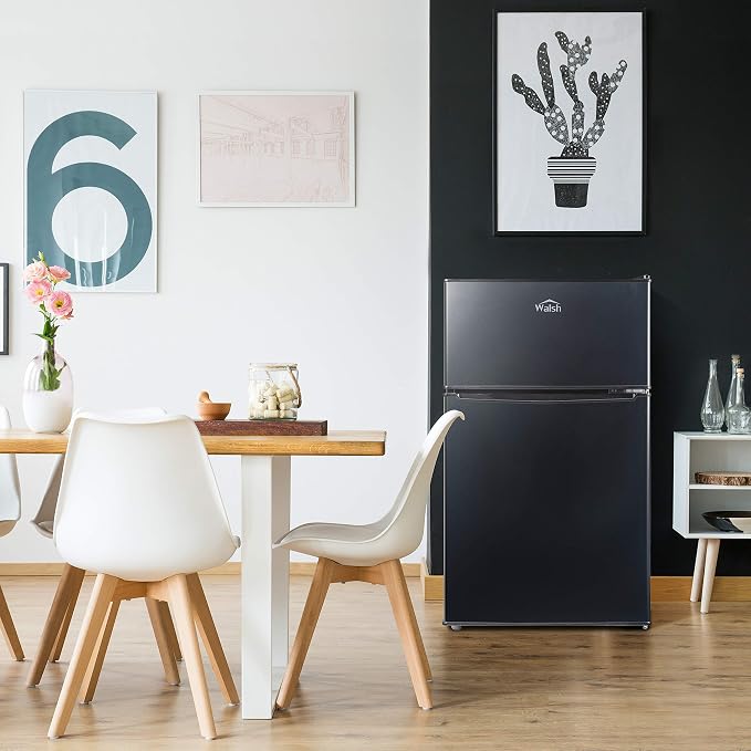 Walsh Compact Refrigerator, Dual Door Mini Fridge, Energy Efficient, Adjustable Mechanical Thermostat with Freezer, Reversible Doors with Leveling Front Legs, 3.1 Cu Ft, Black