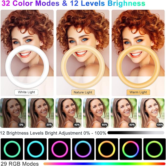 STALLY 10.2" Ring Light with Stand, 12 Dimming Levels, 32 Color Modes Selfie