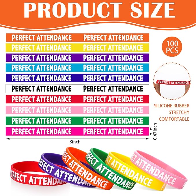 100 Pcs Perfect Attendance Silicone Wristbands 10 Assorted Color Reward Rubber
