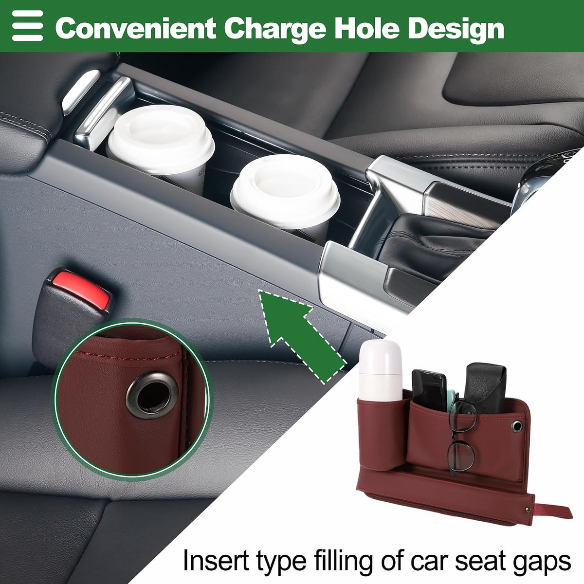 Motoforti Universal Car Seat Gap Filler Organizer Front Seat Gap Filler with Cup Holder Car Storage Accessories, Driver Side, Faux Leather, Wine Red