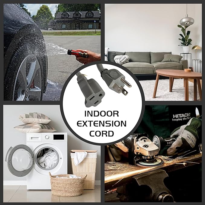 Indoor Outdoor Extension Cord Weatherproof, UL Certified, 16 Gauge 12FT Grey 3 Prong Heavy Duty, 16/3 SJTW 13A Power Cord for Outdoor Lights, Appliances, Lawn