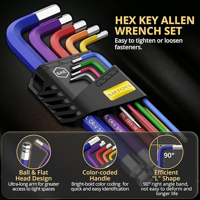 AMTOVL Hex Key Set, 9PCS Imperial Allen Key Set, 1/16-3/8Inch, Long Ball End Hex Wrench Set, Color Coding Hex Key Set for Vehicle, and Bicycle Repairs