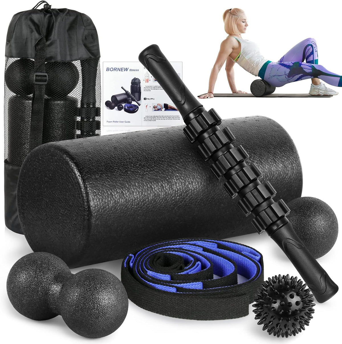 Skiennix Foam Roller Set - High Density Muscle Roller & Stretching Strap for Deep Tissue Relief | 5-Piece Therapy Kit