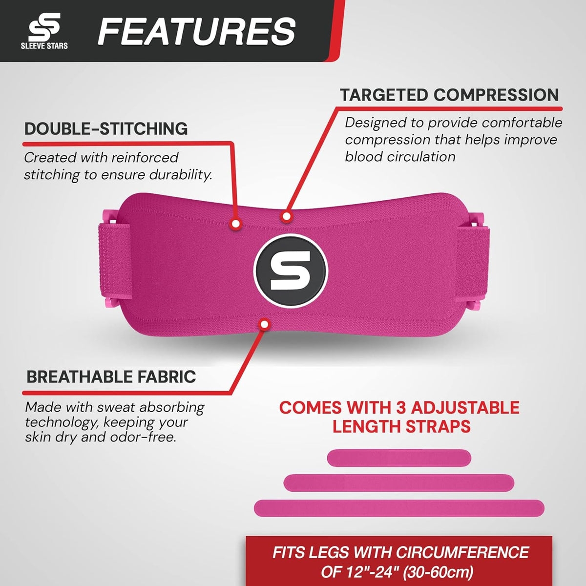 Swedish Brand Sleeve Stars Patellar Tendon Support Strap - Effective Osgood Schlatter Knee Brace for Youth & Adults | Adjustable 12"-24" - Hot Pink