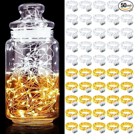 Aogist 50 Pack Fairy Lights 3 Modes 7ft 20 LED Waterproof,Silver Wire Firefly Starry Moon Mini String Lights for Mason Jars Christmas DIY Crafts Wedding Party Bedroom,Cool White&Warm White