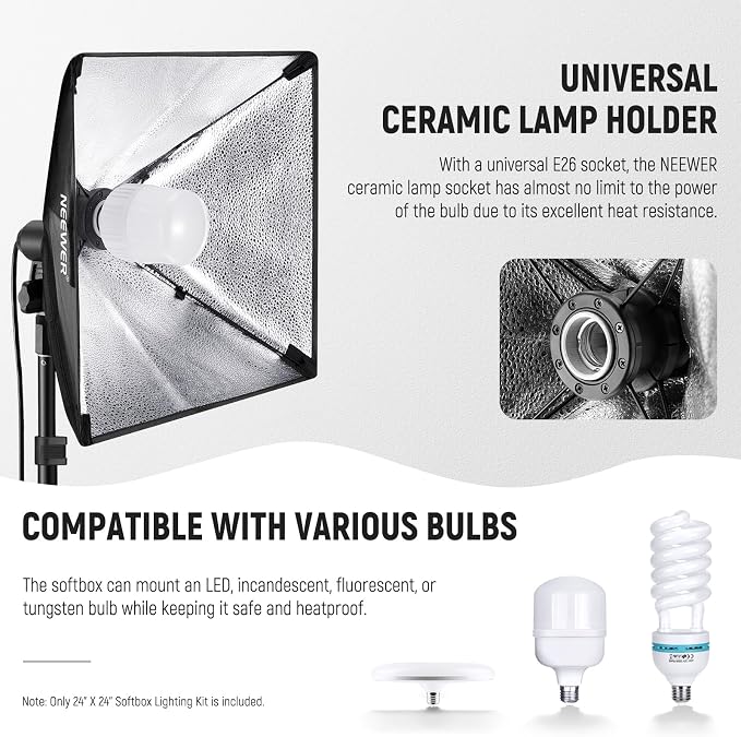 NEEWER 350W Equivalent Softbox Lighting Kit, 5700K LED Light Bulb, 24x24 inches