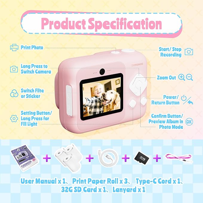 Instant Print Camera for Kids, Christmas Birthday Gifts for Girls Boys Age 3-12