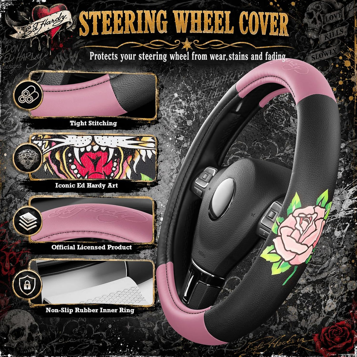 ED HARDY Tiger Print Steering Wheel Cover, Pink Leather Universal Car Streeing Cover, Fits 14.5-15.5 Inch Steering Wheels, Anti-Slip Comfortable Grip, Durable Auto Interior for Cars, SUVs, Trucks