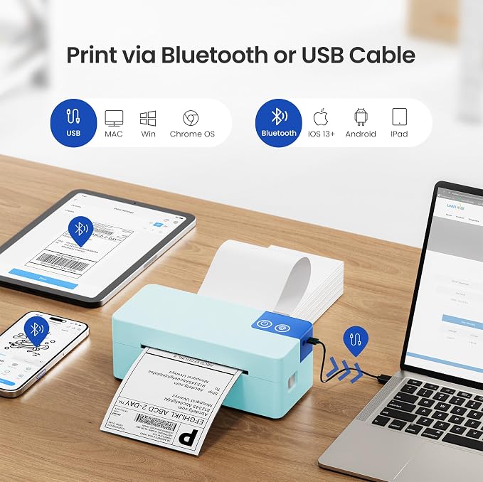 Bluetooth Thermal Shipping Label Printer, 4x6 Portable Direct Thermal Printer