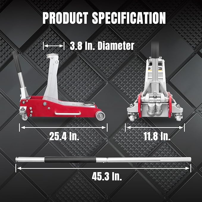 Torin 2.5 Ton Low Profile Aluminum/Steel Racing Floor Jack with Dual Piston Quick Lift Pump, 5521 lb Capacity, Lift Range 3.94"-18.31", SUV & Truck Compatible, Red