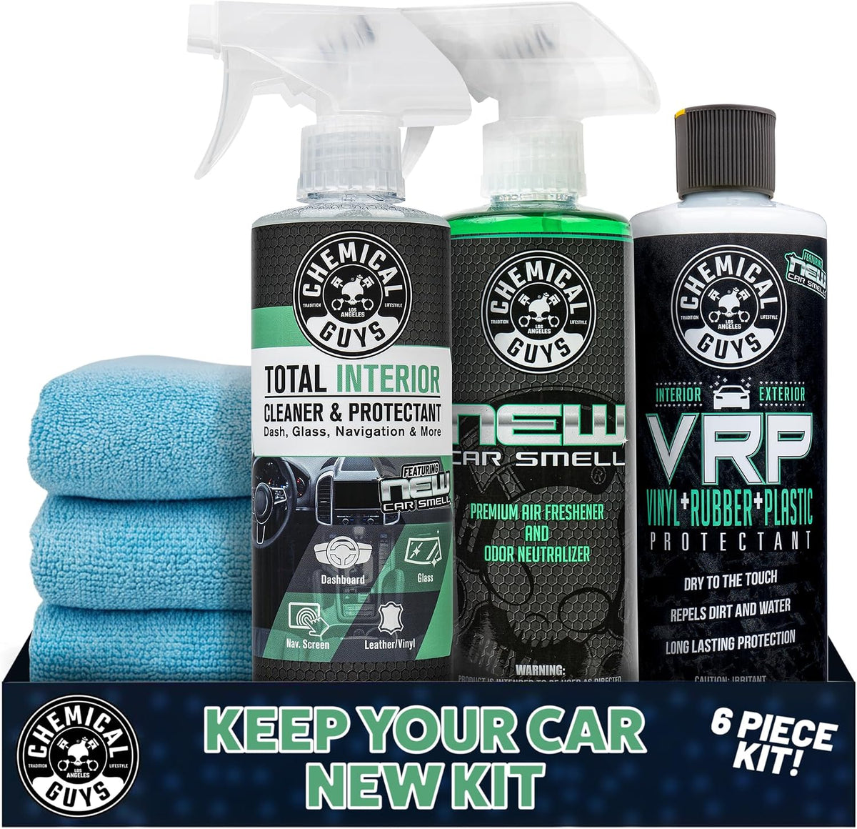 Chemical Guys Keep Your Car New, Interior Care Kit, 6 Piece | New Car Scent Total interior cleaner, VRP, Air Freshener, & microfiber towels for cars and trucks, complete interior refresh