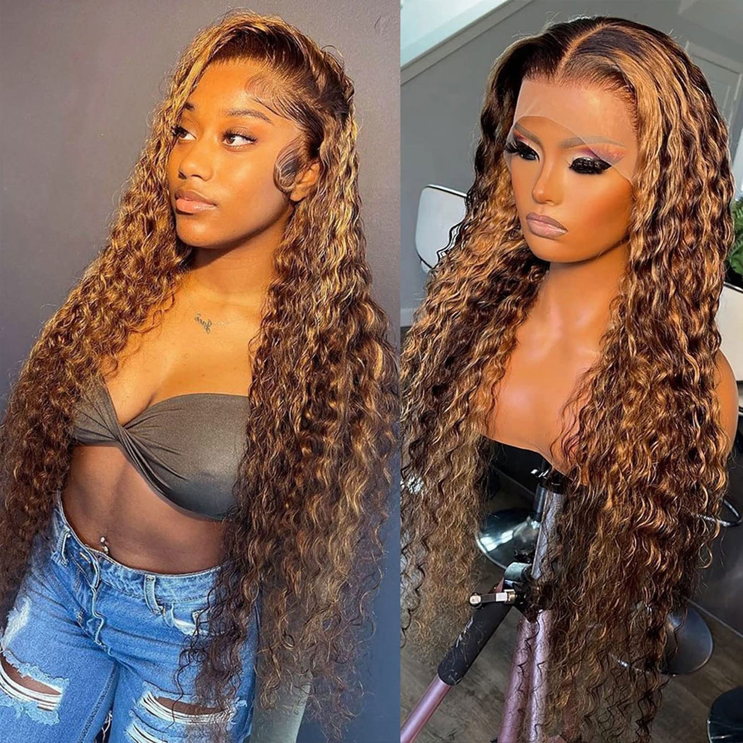 Daules 13X4 Highlight Deep Wave Lace Front Wigs Human Hair Ombre 13X4 Honey Blonde Curly Lace Frontal Wig For Women 180% Density