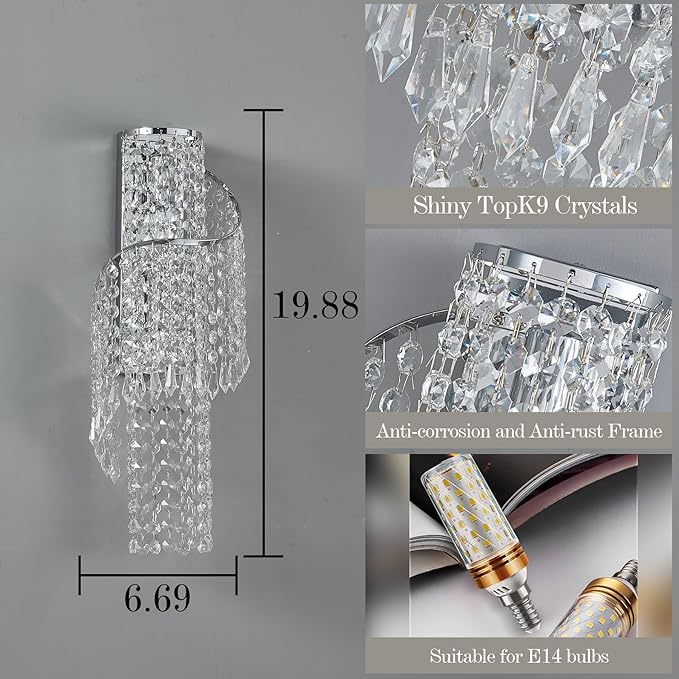K9 Crystal Chrome Wall Sconces, Adjustable 3-Color LED Wall Light, FixtureVanity Wall Mount Lamps for Living Room Bedroom Bathroom Bedside Hallway Stairway