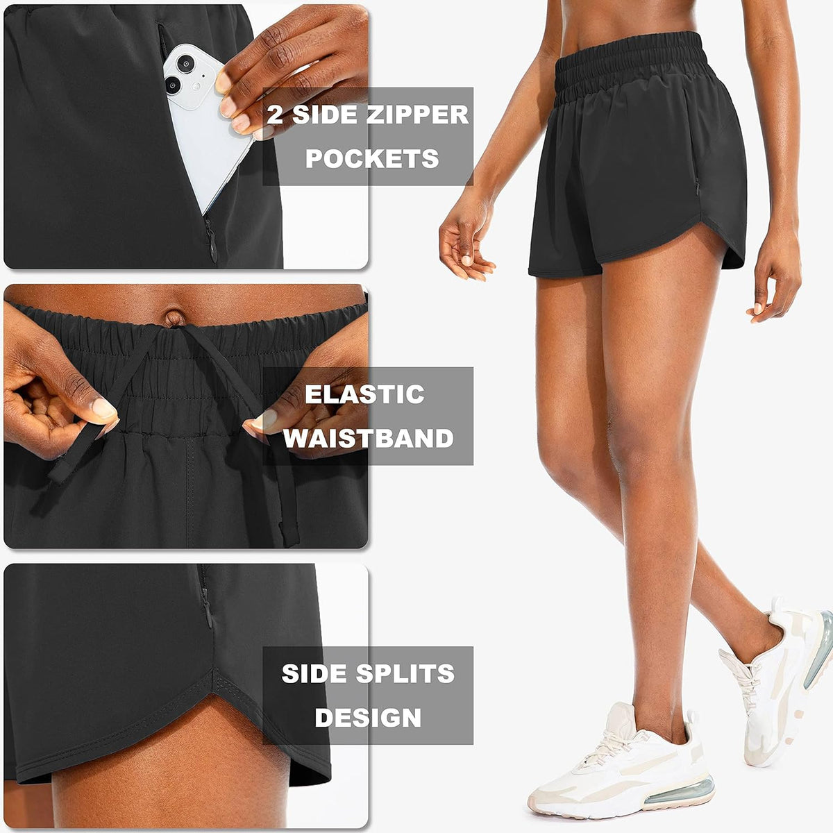 SANTINY Women's Running Shorts - High Waisted Athletic Gym Shorts with Zip Pockets & Liner