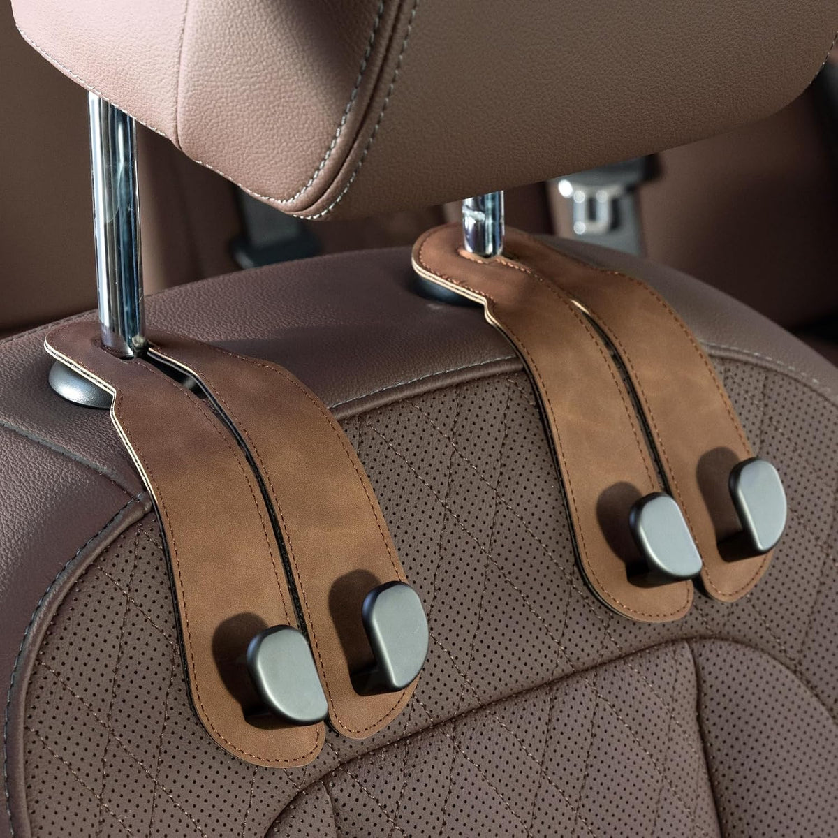 CoBak Purse Hook for Car - Universal Premium Stitched Leather and Aluminum-Magnesium Alloy Double Car Seat Back Storage Hook for Purses, Handbags, Bags (4 Pack),Brown