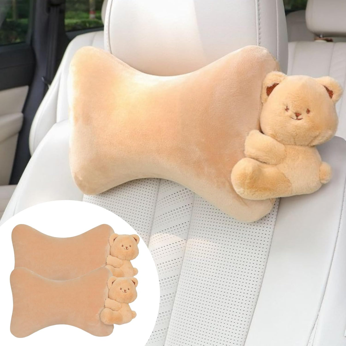 Car Headrest Pillow 2PCS Plush Bear ＆ Bunny Car Seat Headrest Pillow - Memory Foam Neck Support Cushions for Comfortable Driving, Easy Install & Washable (Brown)