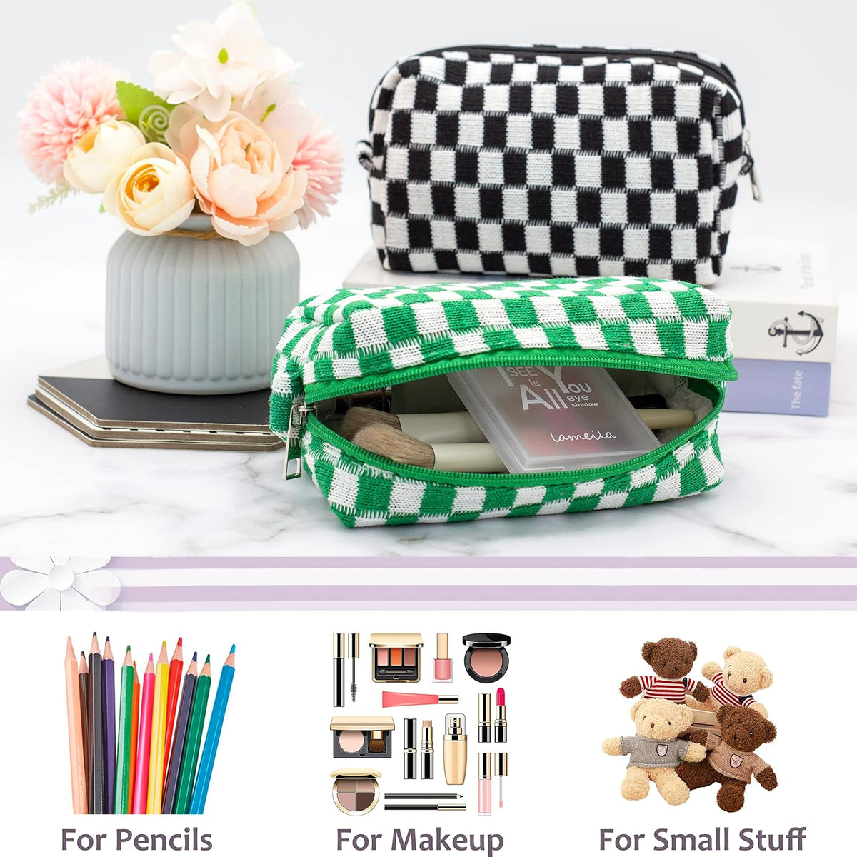 Checkered Makeup Bag for Purse, Small Travel Cosmetic Pouch,Green,6 Pack
