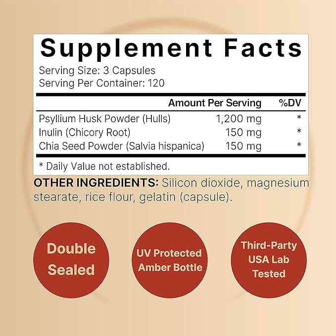 NatureBell Psyllium Husk Capsules 1500mg Per Serving, 360 Count, with Inulin & Chia Seed –Soluble Fiber for Digestion – Plant Based Herbal Fiber Supplement, Non-GMO, Gluten Free