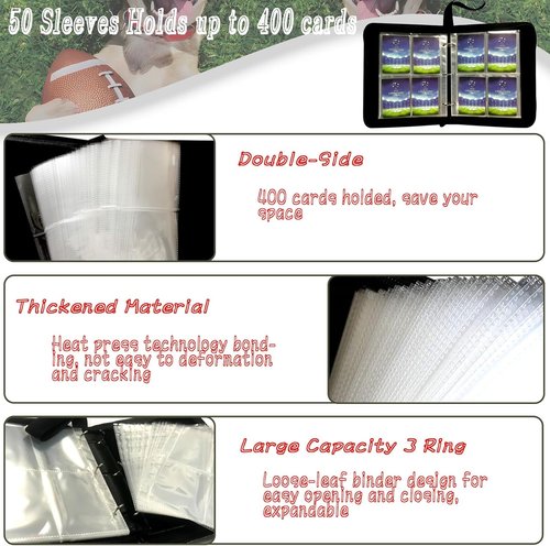 Football Card Binder - 400 Pocket Trading Card Holder with 50 Removable Sleeves & Zipper