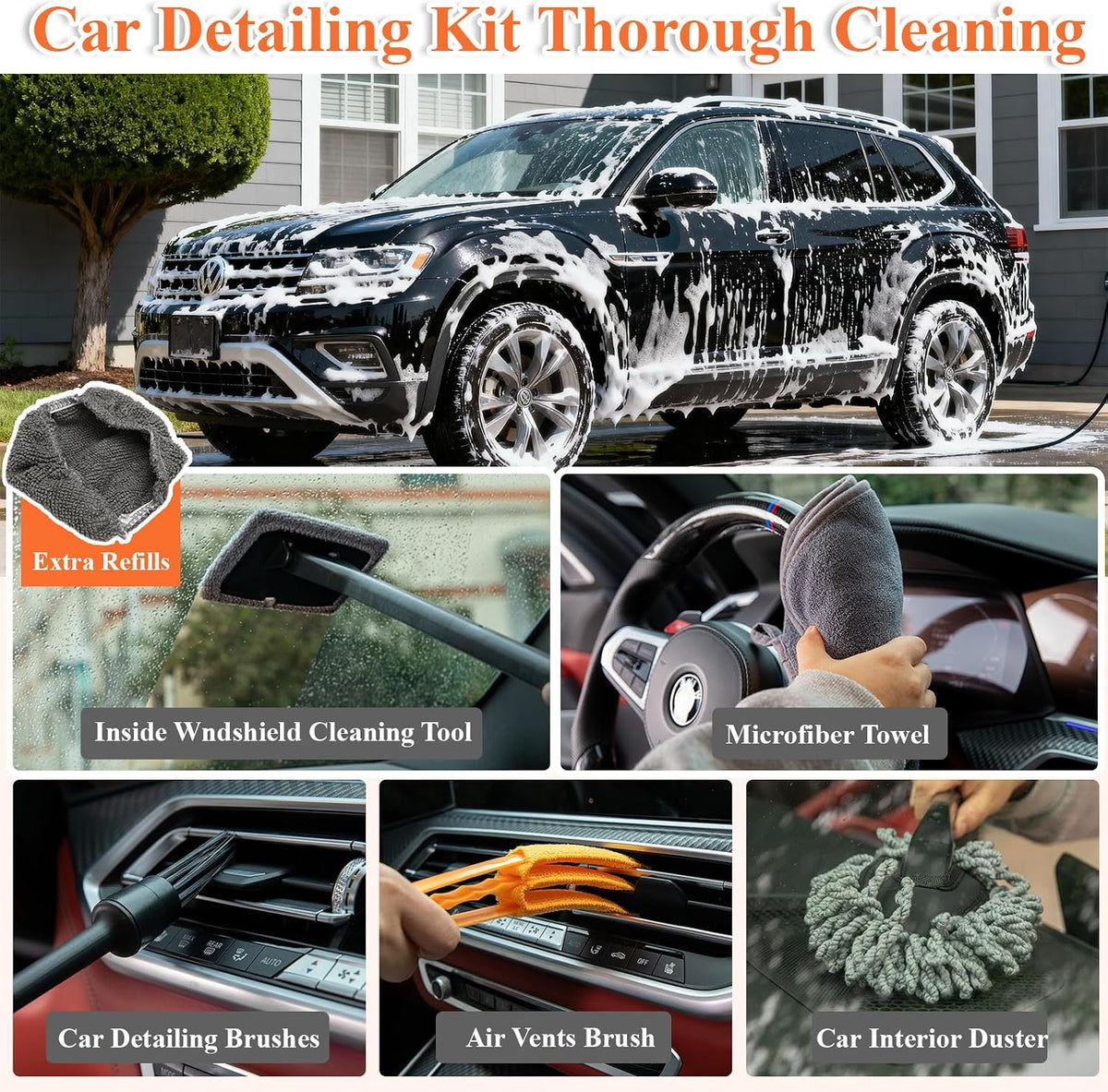 21Pcs Car Wash Kit with 60" Heavy-Duty Extension Pole, Soft Car Wash Brush, Wheel &amp; Tire Brush, Scratch-Free Car Mop Mitt &amp; Window Squeegee, Detailing Tool for Car Exterior &amp; Interior Cleaning
