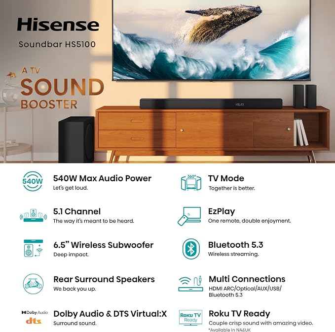 Hisense HS5100 5.1ch Soundbar with Wireless Subwoofer, Dolby Audio, DTS Virtual:X, Rear Surround Speakers, Center Speaker, HDMI ARC, Bluetooth 5.3, Remote Control
