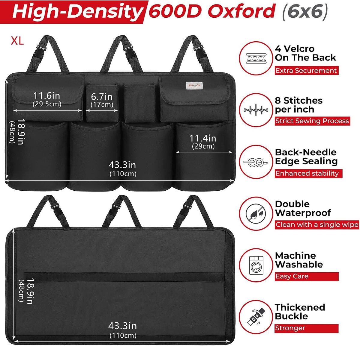 SURDOCA Car Trunk Organizer, LARGE CAPACITY(43 x 19 in) Car Storage Bag with 8 Pockets, 7X Upgraded Trunk Storage Organizer for Car, SUV, Truck, MPV