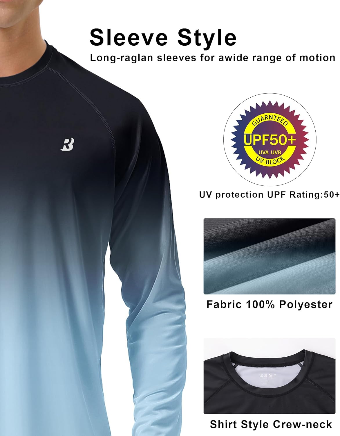 Roadbox Men's UV Sun Protection Shirt - UPF 50+ Long Sleeve Rash Guard for Fishing, Hiking & Running