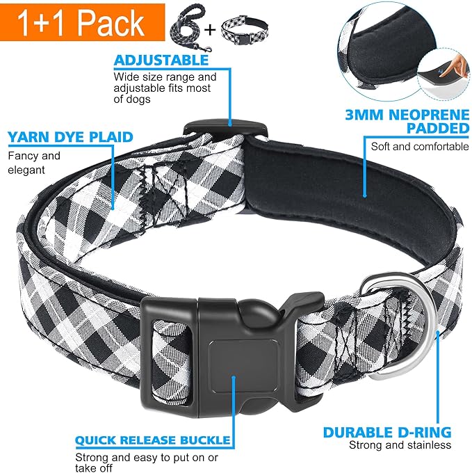 Reflective Dog Collar Padded with Soft Neoprene Breathable Adjustable Nylon Dog Collars for Small Medium Large Dogs (Small (Pack of 1), Black Plaid Collar+Leash)