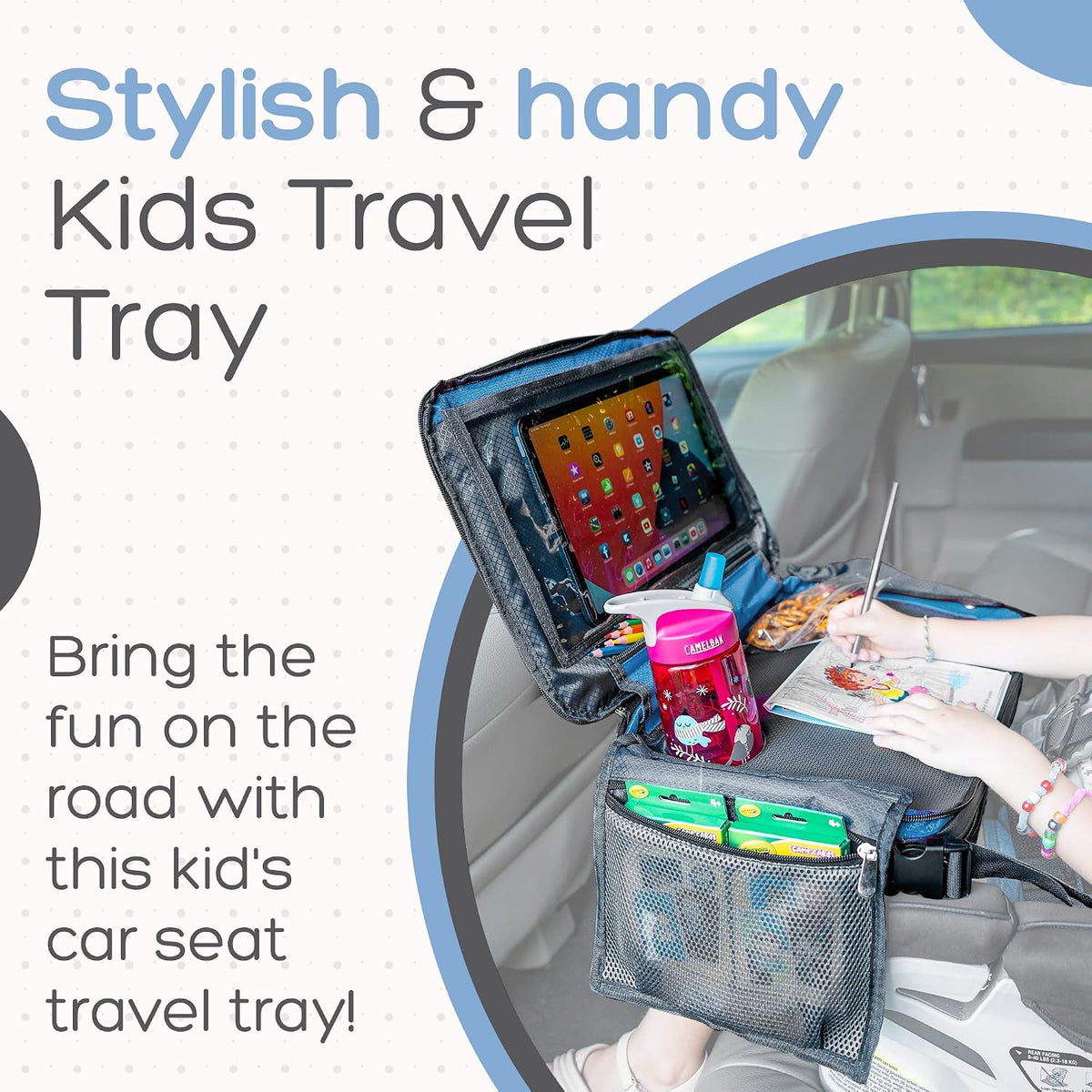 BE Family Travel Kids Car Seat Travel Organizer, Car Accessories for Children, Car Seat Snack Tray, Traveling Essentials for Kids, Toddler Lap Tray for Engaging Activities, Multipurpose Design, Blue