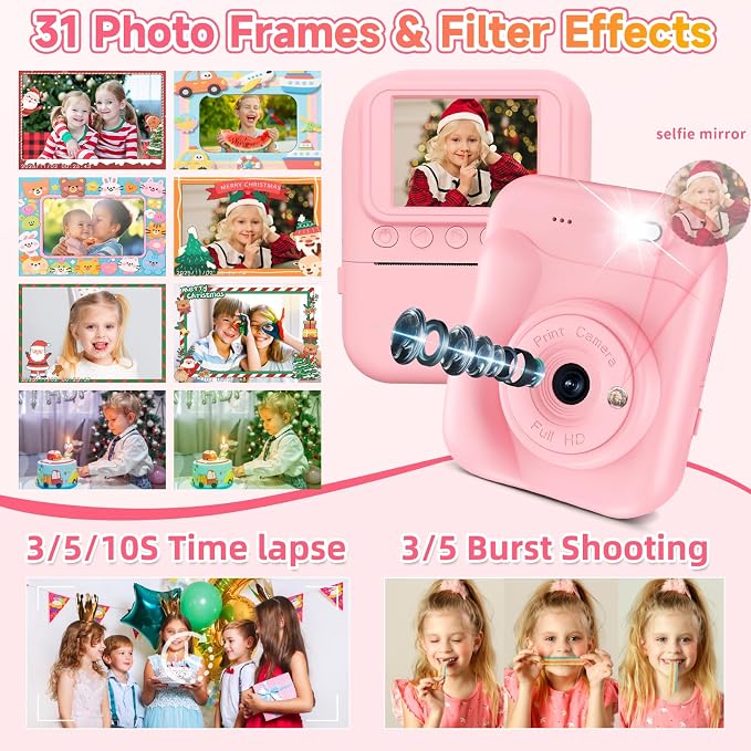 Kids Camera Instant Print, 1080P Digital Instant Print Cameras