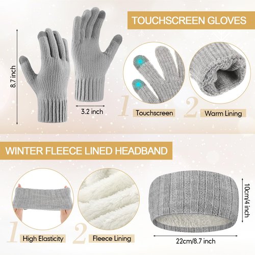 Breathffy 4 Pcs Winter Hat Scarf Gloves Headband Set Knit Beanie Touch Screen Gloves Long Scarf Valentine Gift for Women Men(Essential Style,Grey)