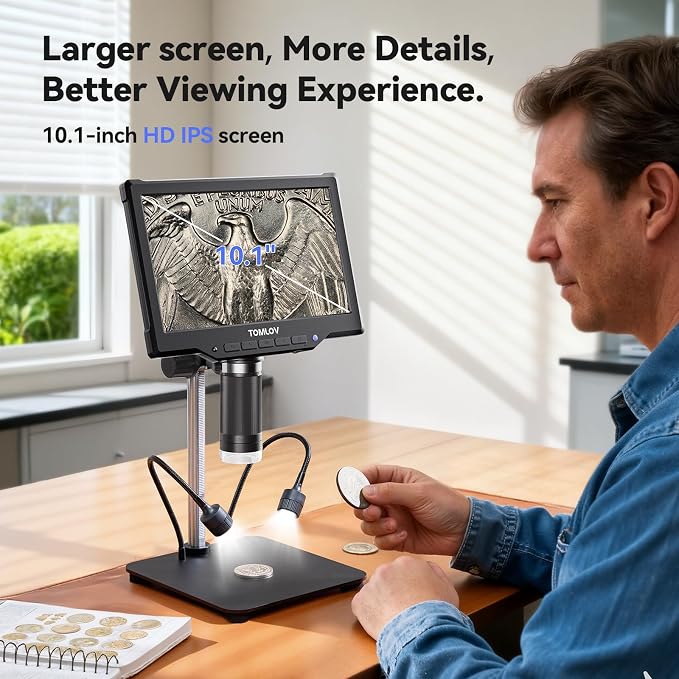 TOMLOV DM10 10.1" Digital Microscope: 1080P 1200X HD IPS Coin Microscope