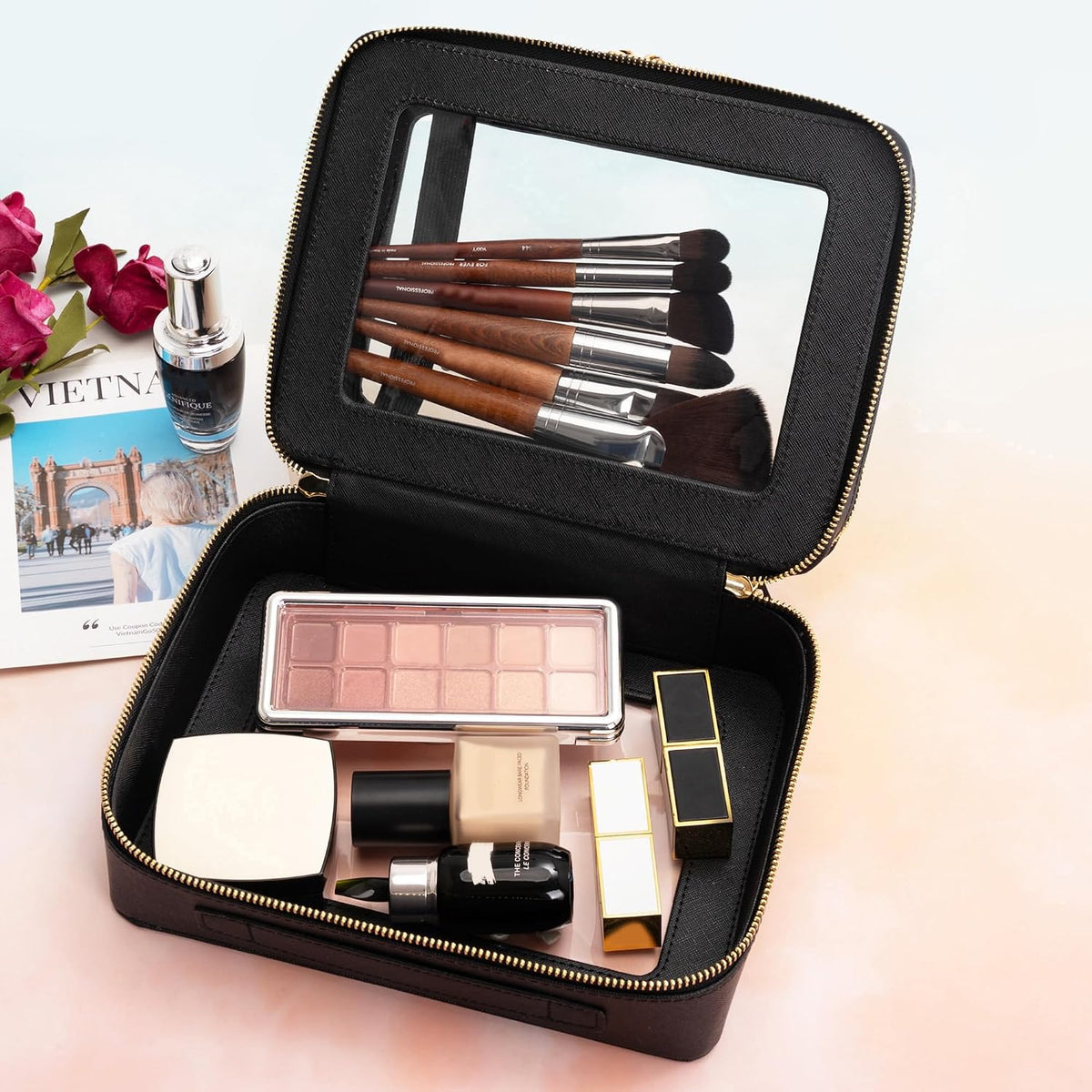 Aveniee XL Clear Makeup Organizer,Double Layer Travel Cosmetic Case with Brush Holder & Zippered Compartments,Big Toiletry Bag for Travel Accessories,2 Layers Large,Black