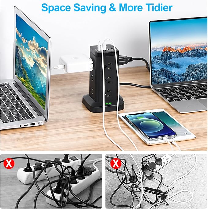 BEVA Power Strip Tower with USB Ports, Surge Protector with USB Ports, 12 AC and 4 USB Ports, 10 FT Extension Cord with Power Surge Tower, Office Supplies Office Organization Dorm Room Essentials