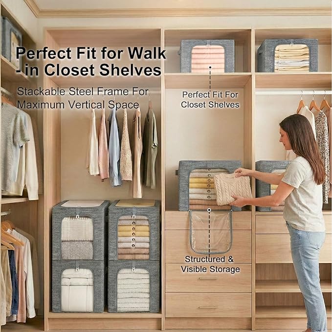 GoMaihe Clothes Storage Bins Metal Frame: 3-Pack Compact Stackable Closet Storage Bin with Lid & Clear Window, Space Saving Organizer for Sweaters Kids Clothes (Dorm/Closet 27L)