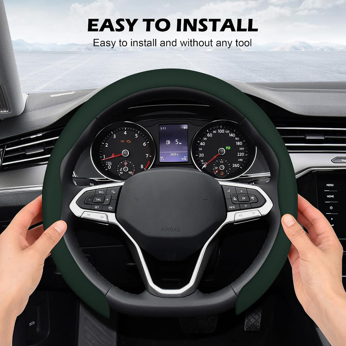 Frani Nappa Leather Steering Wheel Cover, 14.5-15 Inch,Black Green