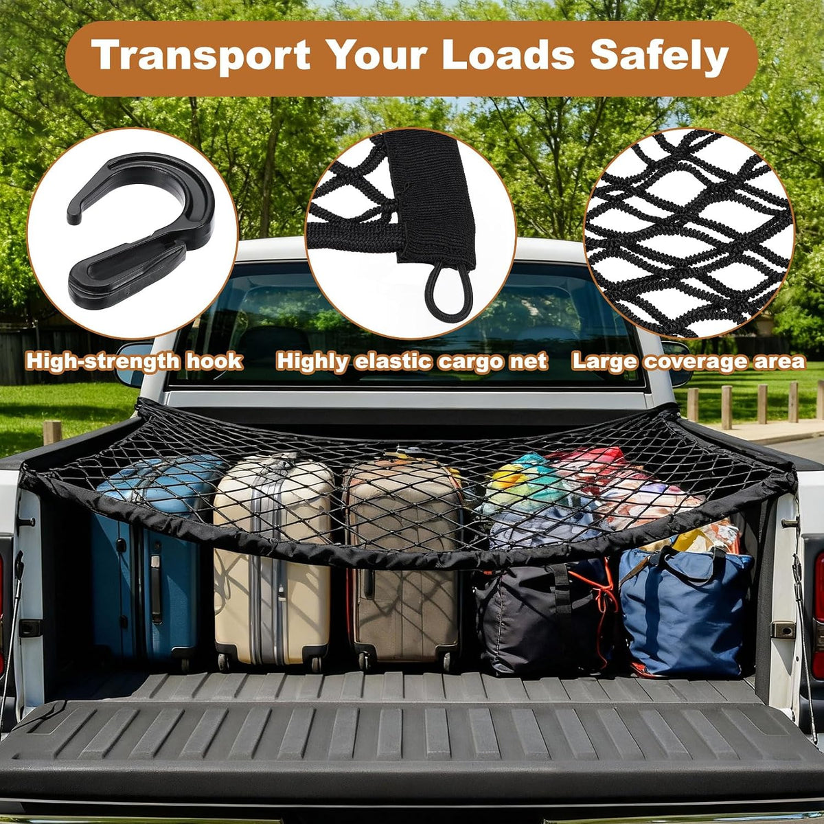 PATIKIL Truck Cargo Net, 28 x 20 Inch Polyester Adjustable Trunk Bed Net Stretchable Mesh Storage Organizer with 8 Hooks Universal for Pickup Trucks SUV Cars, Black
