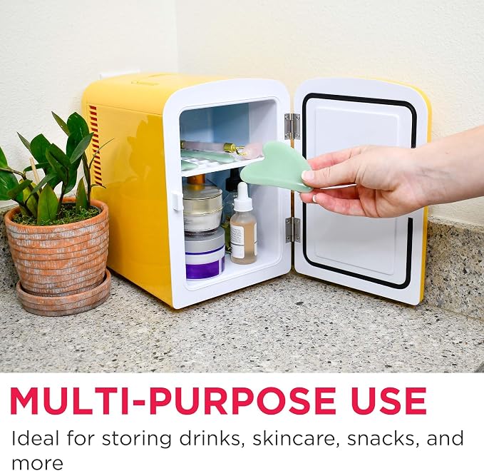 Frigidaire Curtis EFMIS151 Mini Portable Compact Personal Cooler Fridge, 4 Liter Capacity, 6 Cans, Makeup, Skincare, Freon-Free & Eco Friendly, Includes Home Plug & 12V Car Charger, Yellow