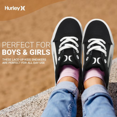 Hurley Boardy Lace-up Skateboard Shoe - Low top Lace-up Sneaker - Fashionable Skater Shoe for Boys & Girls - Lightweight Classic Casual Kids Skates Black White