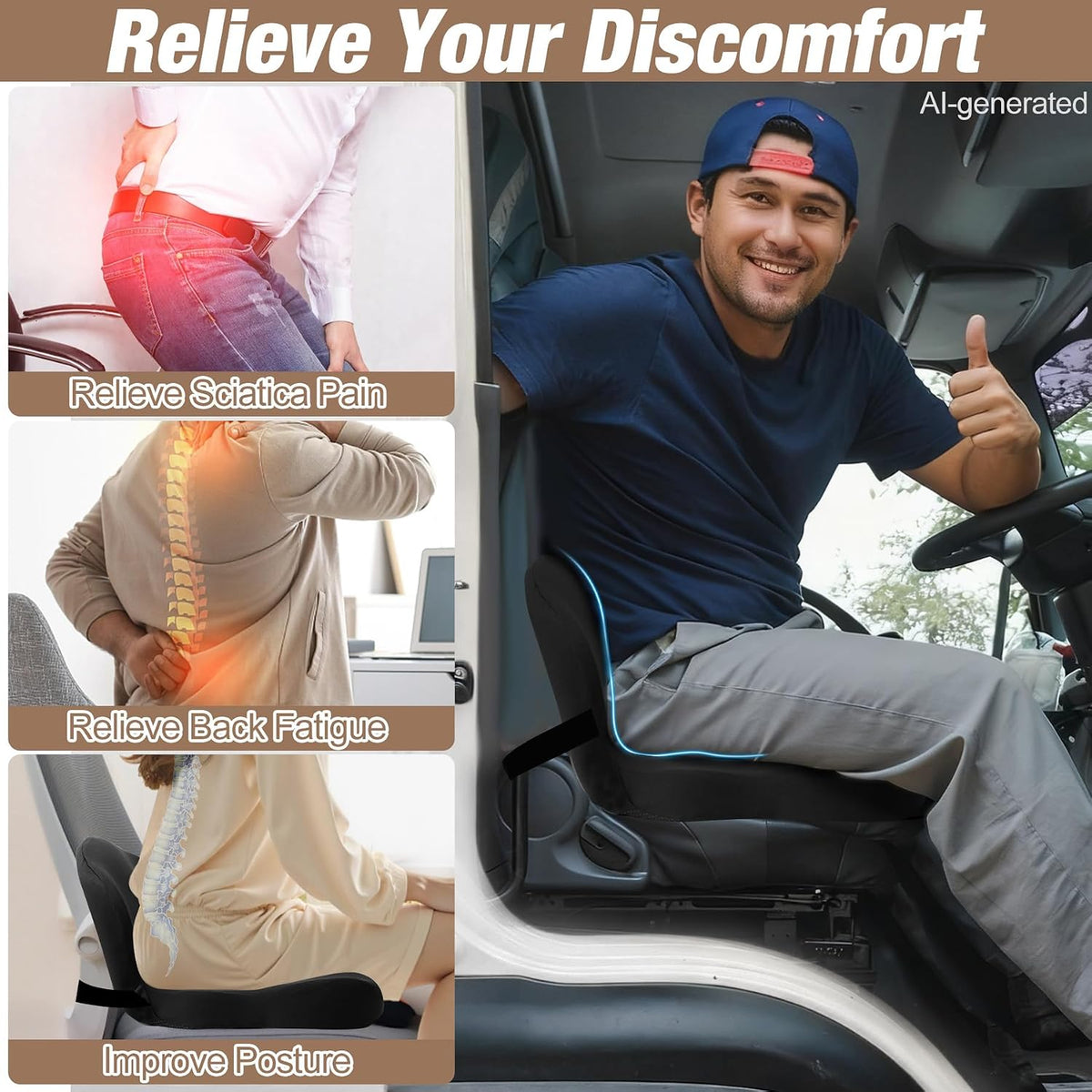 MYFAMIREA Truck Seat Cushion, Memory Foam Trucker Seat Cushion for Truck Driver Long Sitting with Adjustable Strap, Back Support and Pain Relief for Trucker Driving Office Chair and Pain, Black