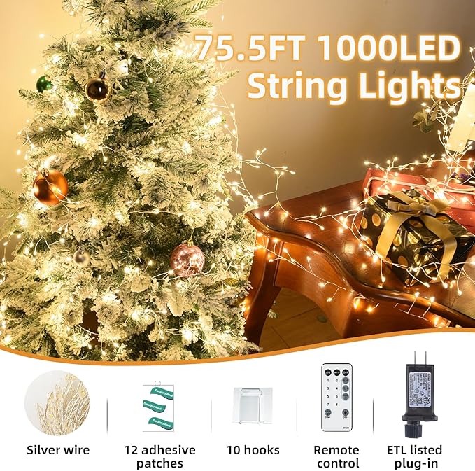 Dailyart Fairy Lights Plug in, 1000 Led Small Warm Wreath Lights with Remote 75Ft Long Waterproof Twinkle String Lights with Timer for Bedroom Outdoor Indoor Wedding Garland Decorative Silver Wire
