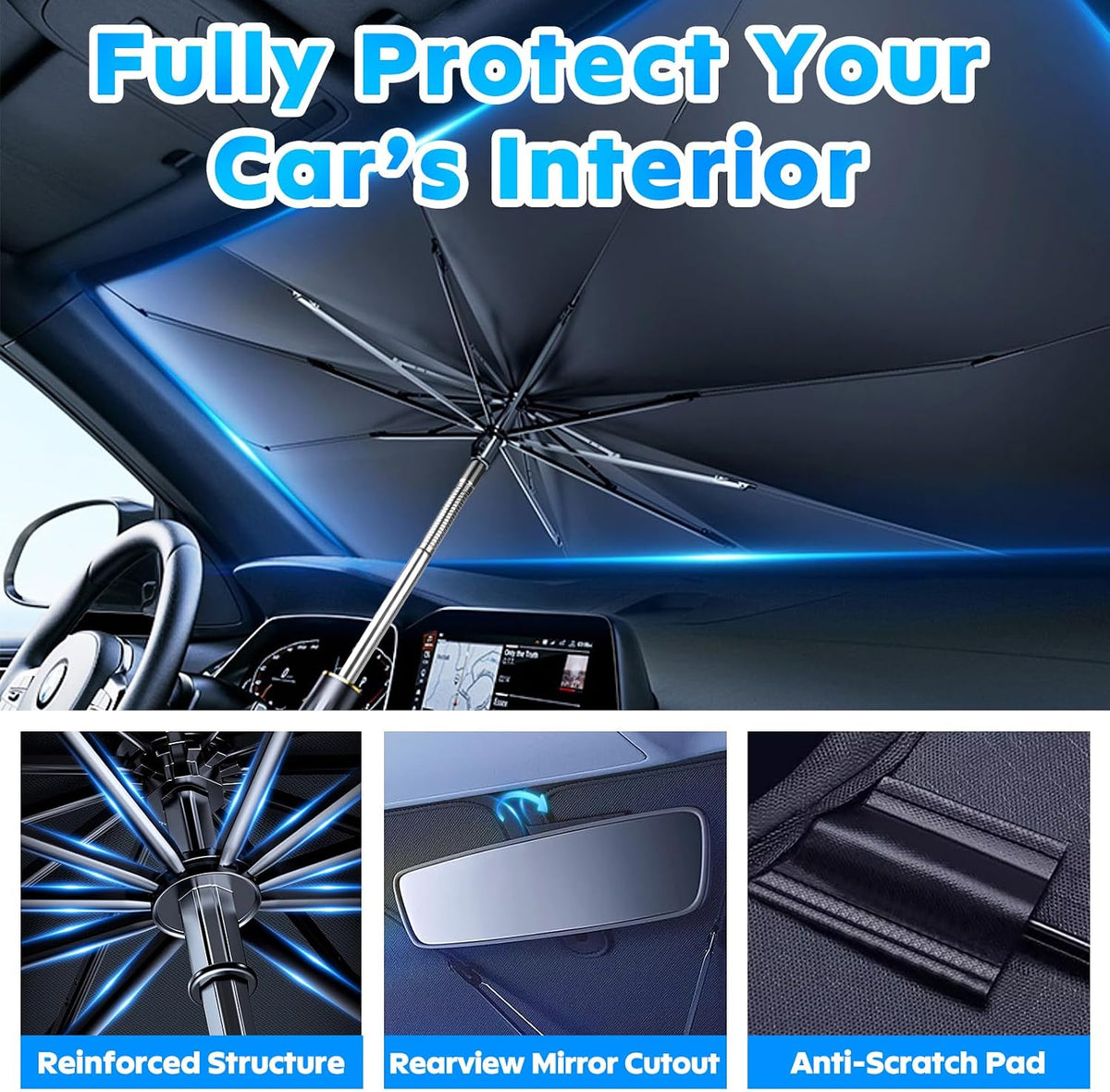 Multper Car Windshield Sun Shade - Reflective Foldable Sunshade Umbrella for UV Rays & Heat Protection, 360° Rotation Bendable Front Window Shield Easy Storage & Keeps Interior Cooler - 55"*31.5"
