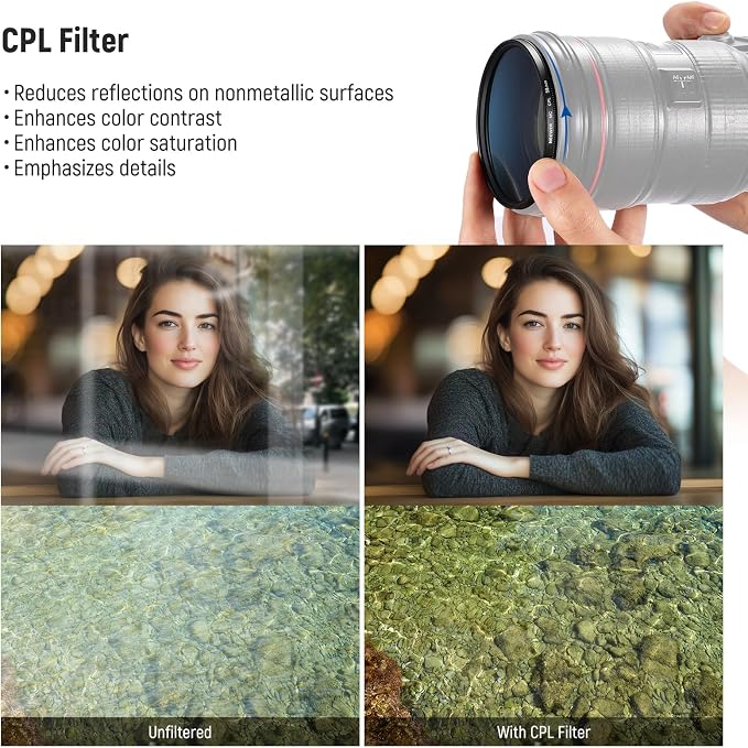 NEEWER 58mm UV/CPL/ND Lens Filter Kit, UV Protection + Circular Polarizing +