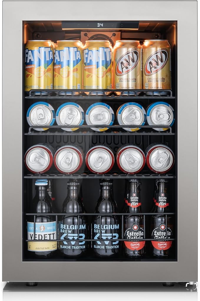 Ca'Lefort 85 Cans Mini Fridge, Beverage Refrigerator Cooler for Drink, Beer | 2.18 Cu.ft, Low-noise, Reversible Glass Door, 3-Color LED Lighting, Adjustable Shelves, 34℉ to 54℉