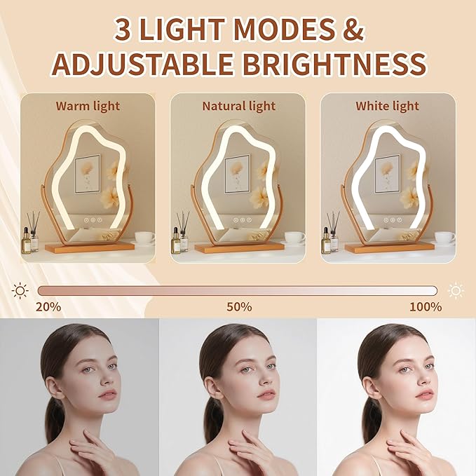 Makeup Mirror with Lights -17″ Cloud Shaped Smart Touch 3-Color Dimmable 360° Rotation Memory Metal Frame Plug-in AC Power Tabletop Vanity Mirror Gift for Women Teen Girls Champagne Gold