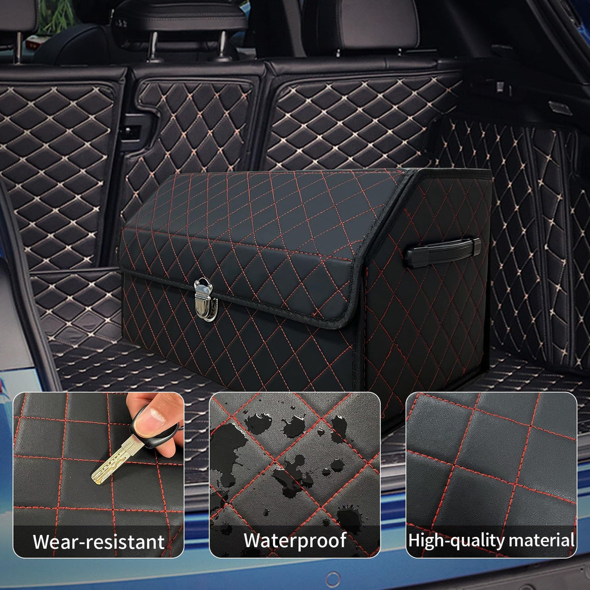 Trunk Organizer for Car With Lid,Foldable Trunk Organizer for SUVs & Sedans,Multi-Functional Leather Storage Box- Black Red Grid - Small