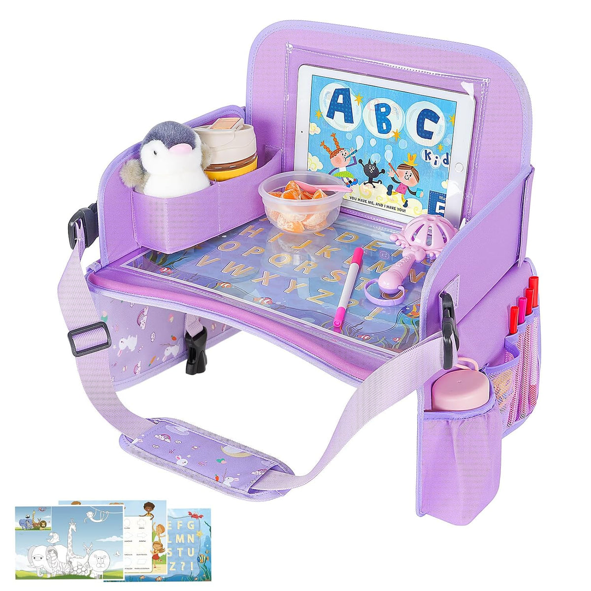 MENZOKE Kids Travel Tray, Car Seat Tray for Kids Travel, Toddler Essentials | Road Trip Activities Accessories with Tablet Holder, Cooler Cup Holder, Dry Erase Board & Storage Pocket for Airplane, Blue
