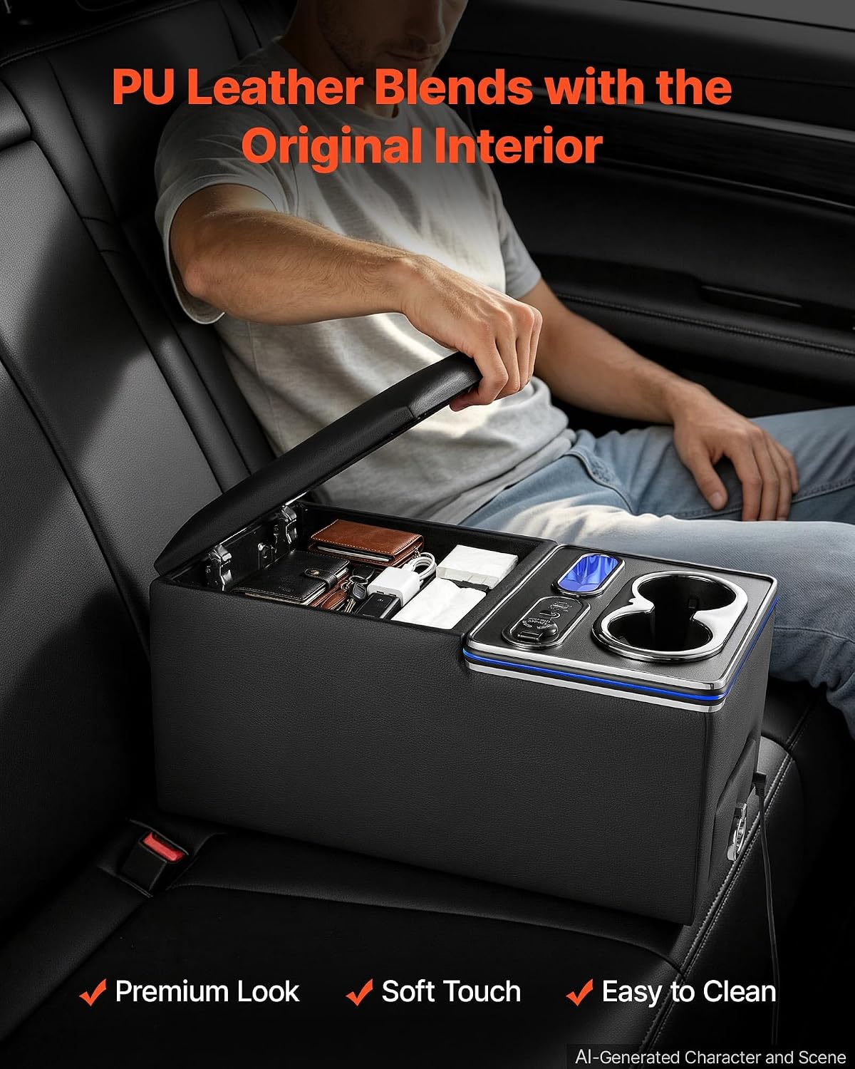 VEVOR Universal Rear Bench Seat Center Console with 7-Color Ambient Lights