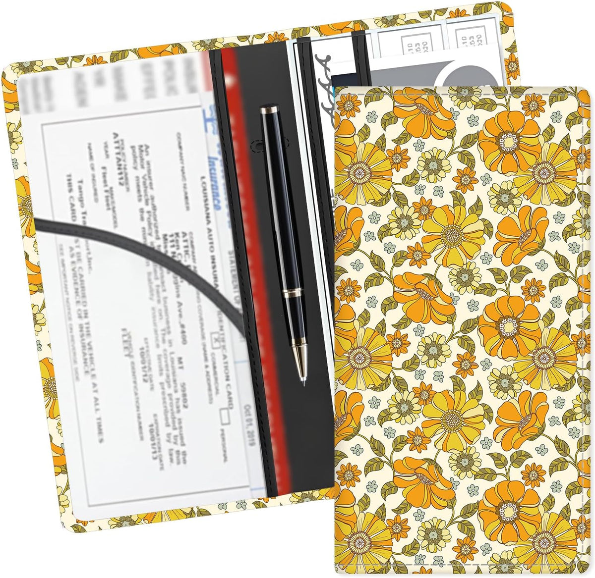 Leather Car Registration and Insurance Card Holder, Cute Car Accessories Vehicle Glove Box Car Organizer for Documents, Cards, License Boho Luxury Flowers